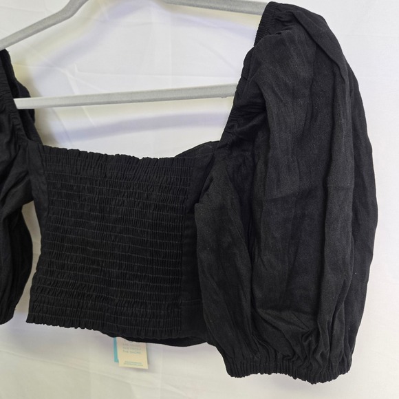 Shore Puff Sleeve Linen Blend Crop Top, Black, Women's‎ Size Small, NWT $110 - Picture 9 of 9